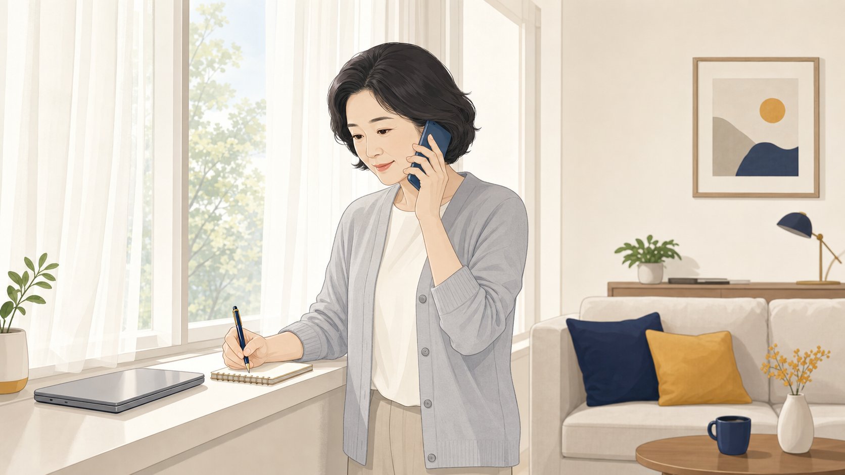 창가에 서서 전화를 걸어 확인하며 메모지에 내용을 적는 중년 여성