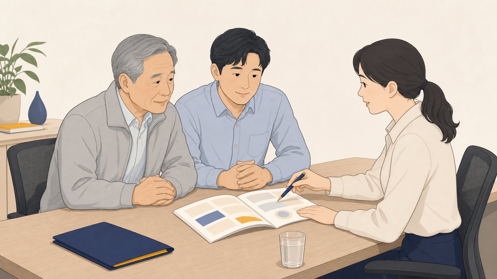상담 창구에서 펼쳐진 안내 책자를 짚어가며 설명하는 상담원과 이를 듣는 노년 남성과 성인 아들