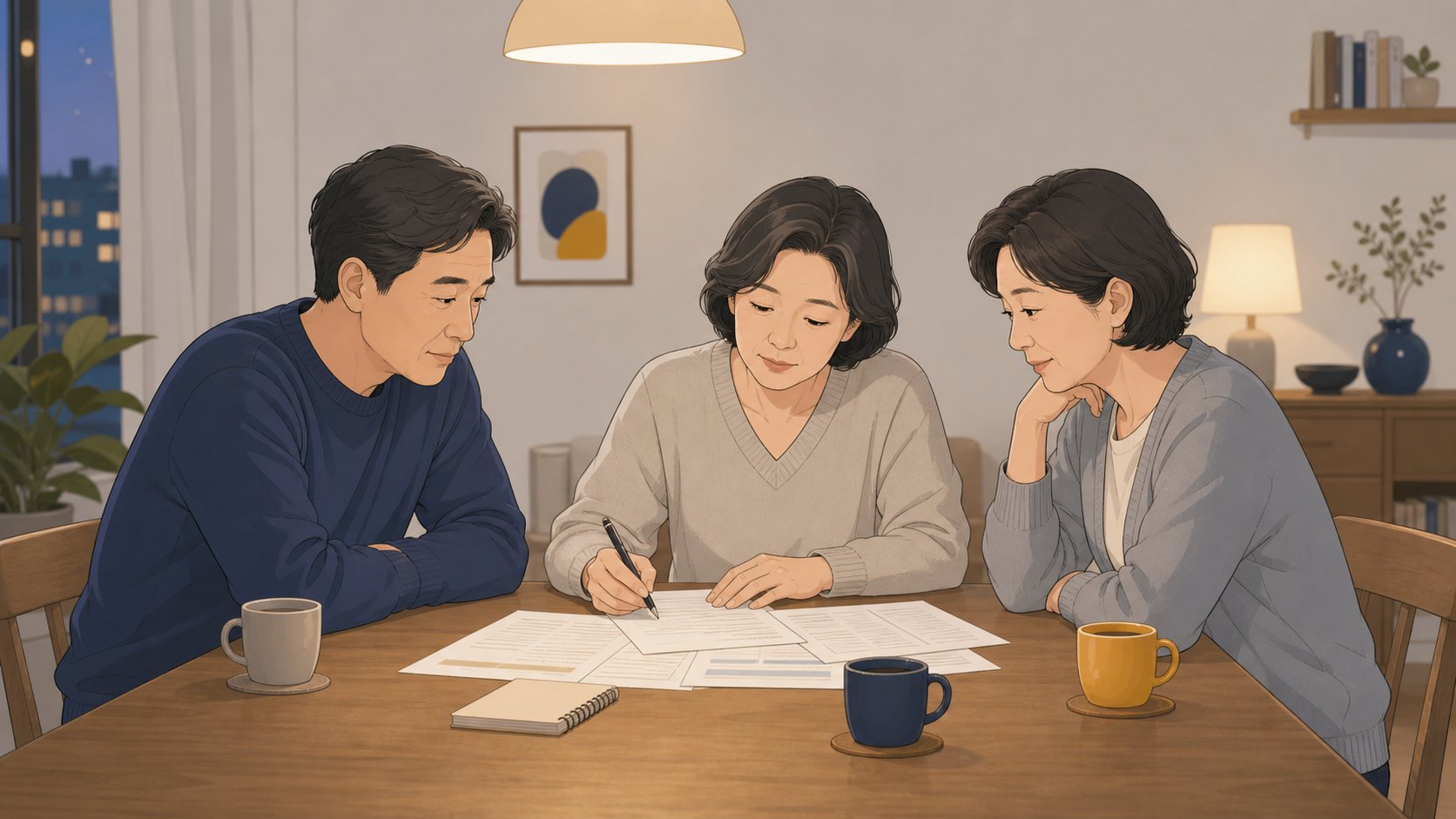 식탁에 둘러앉아 서류와 메모지를 펼쳐놓고 의논하는 성인 형제 세 사람