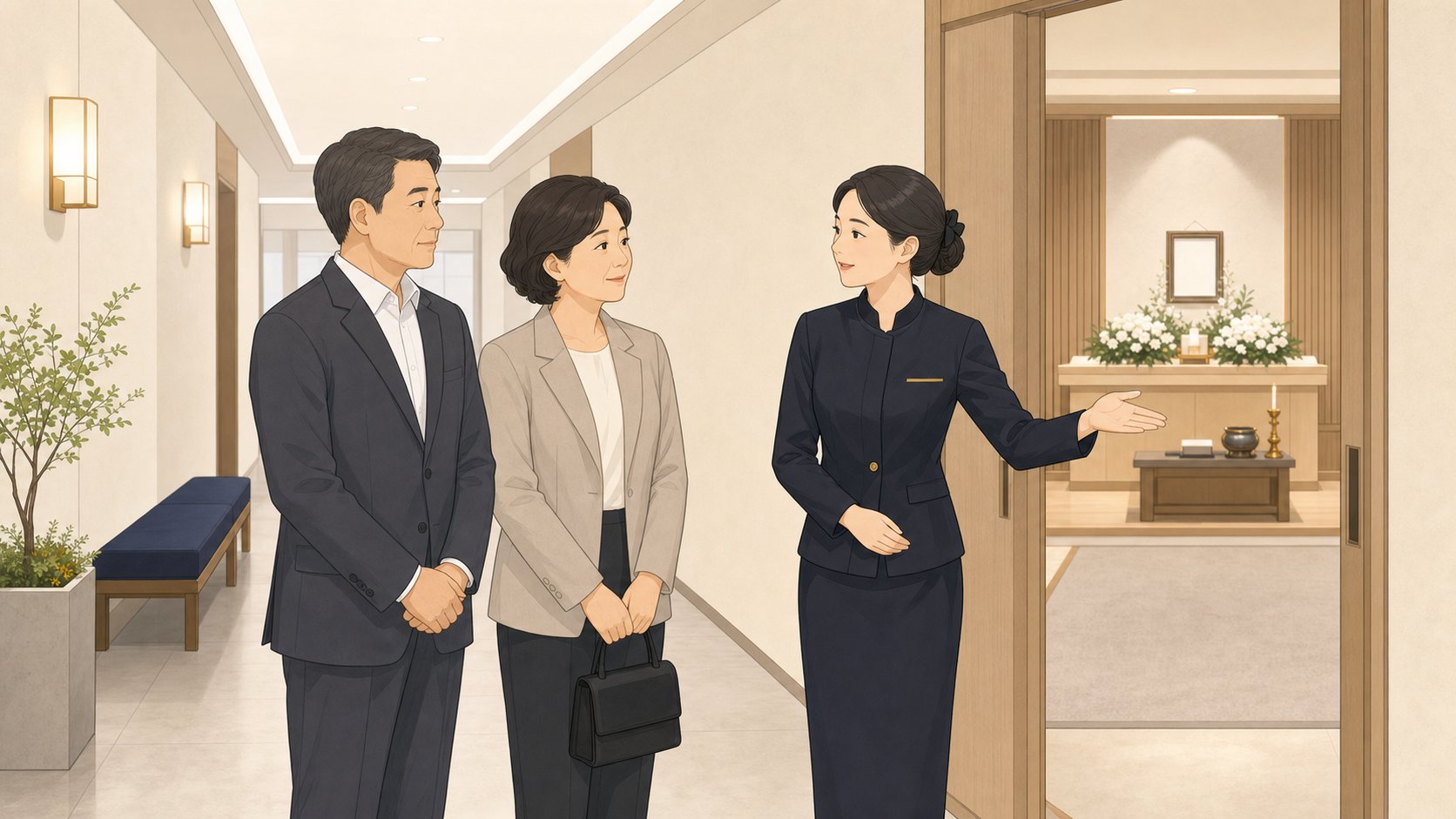 장례식장 복도에서 직원의 안내를 받으며 빈소 입구를 둘러보는 중년 부부