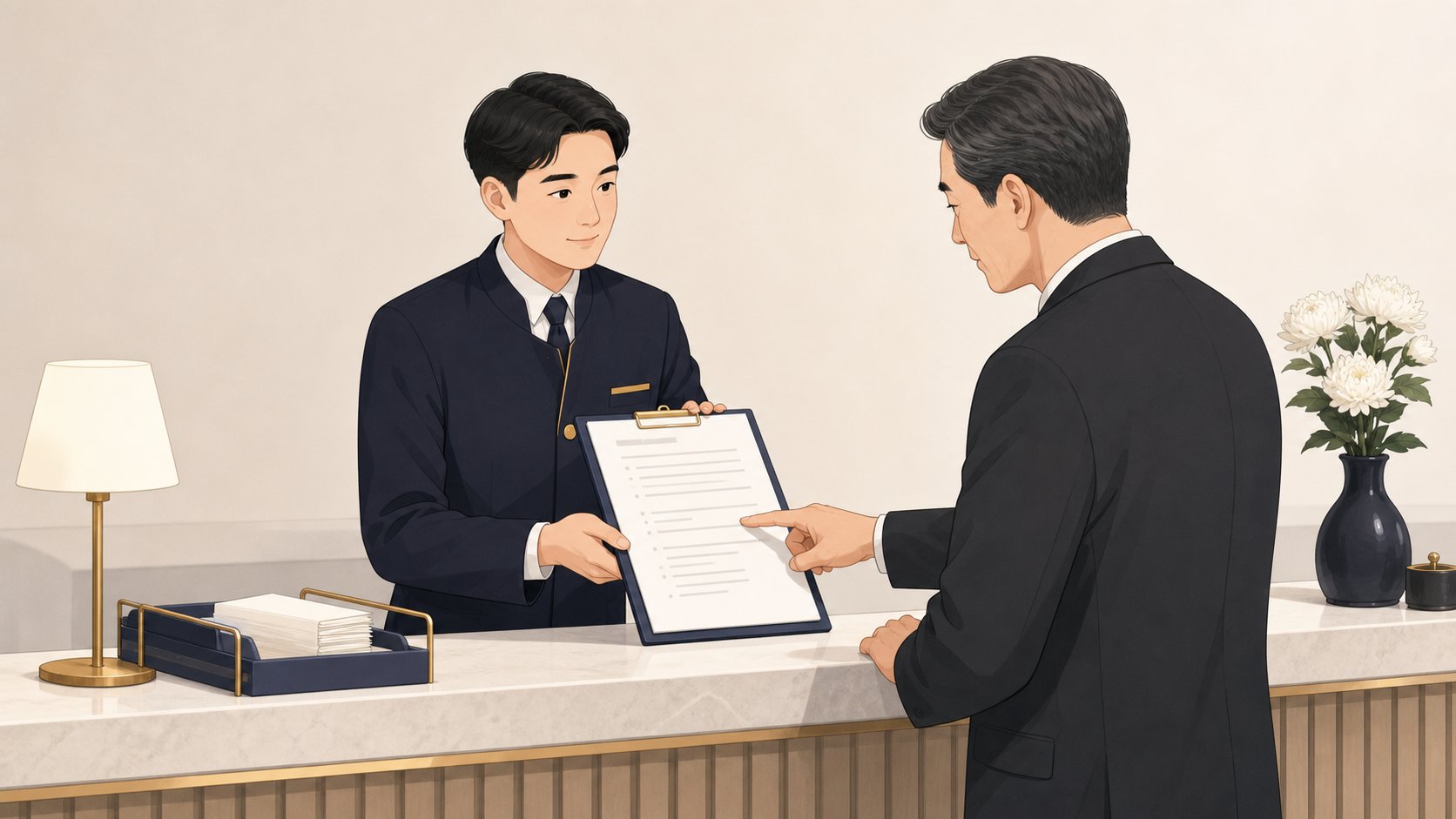 장례식장 접수 카운터에서 서류철을 함께 보며 항목을 확인하는 장례지도사와 상주