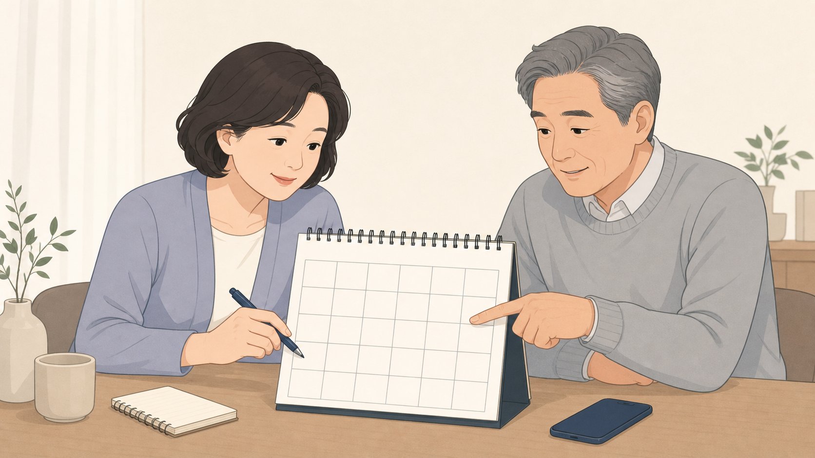 책상에 세워둔 빈 달력에 펜으로 날짜를 표시하며 일정을 상의하는 가족 두 사람