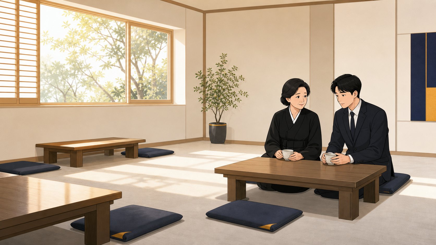 아침 햇살이 드는 조용한 빈소 접객실에서 차를 앞에 두고 앉은 가족 두 사람