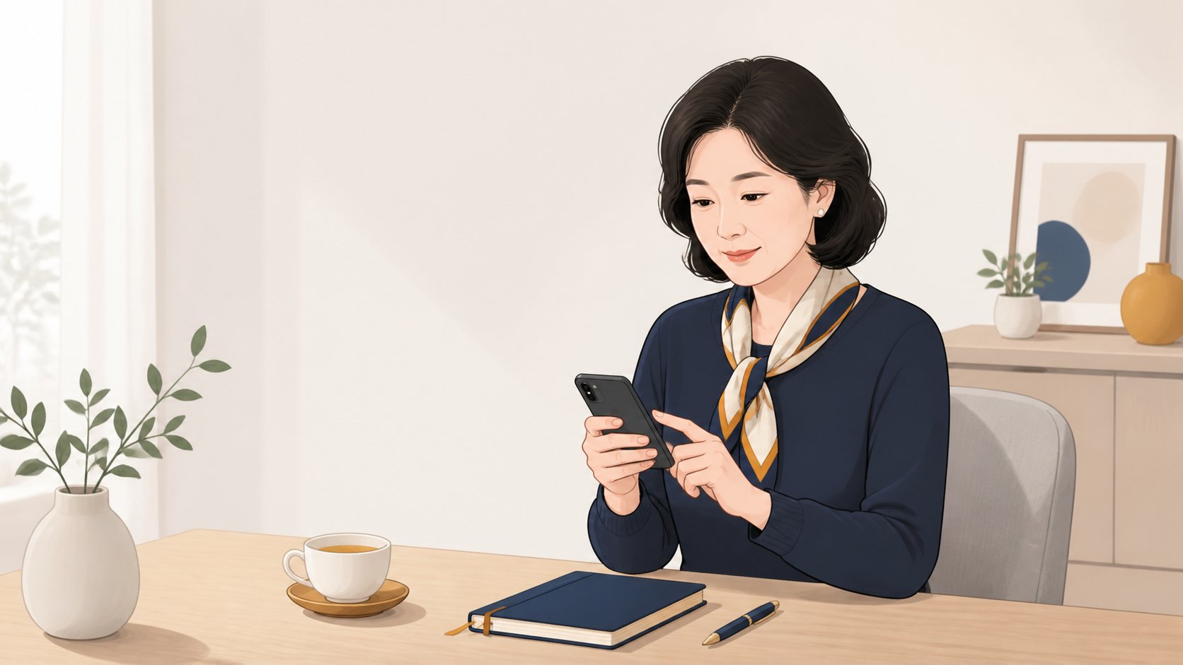 책상에 앉아 휴대폰으로 정중한 조의 문자를 작성하는 중년 여성 일러스트