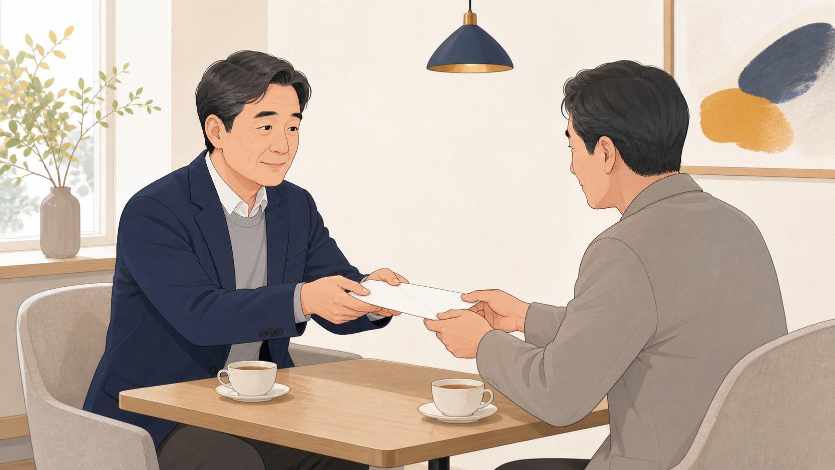 조용한 카페에서 늦은 조의금이 담긴 흰 봉투를 조심스럽게 건네는 장면 일러스트