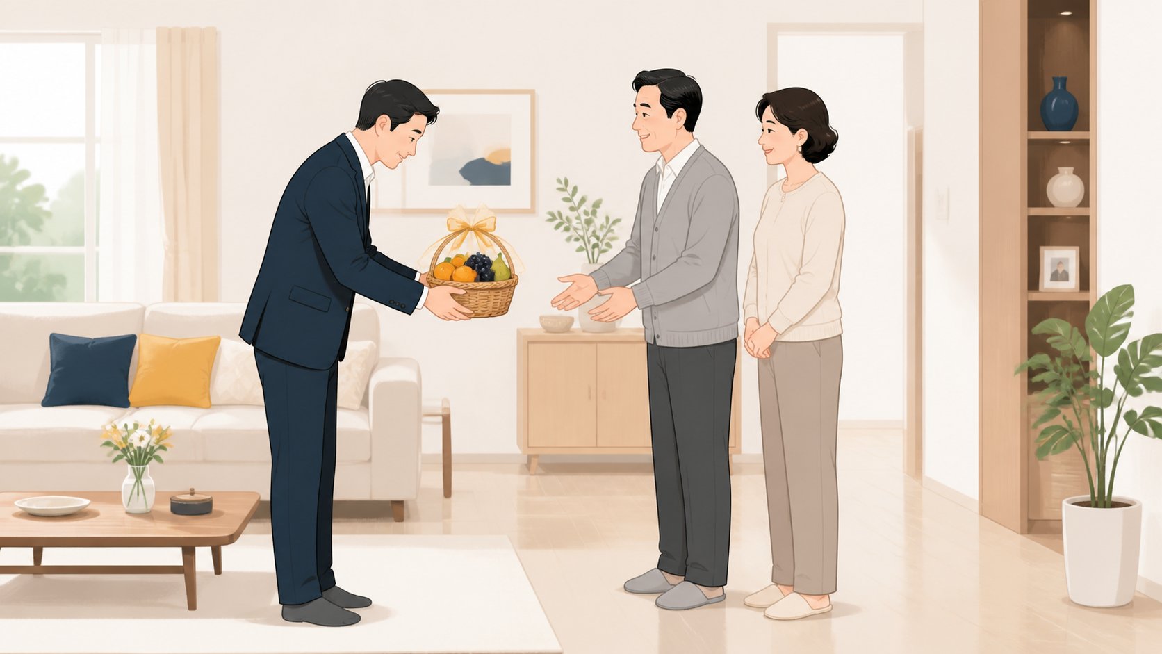 단정한 거실에서 과일 바구니를 들고 유족 부부에게 고개 숙여 인사하는 방문객 일러스트