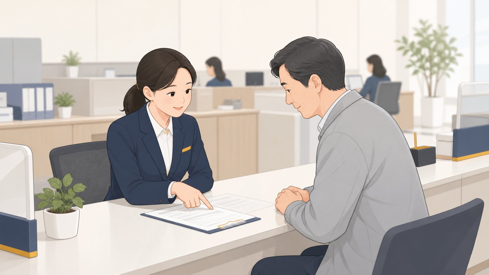 세무서 민원 창구에서 직원이 중년 남성에게 폐업 신고 서류를 안내하는 일러스트