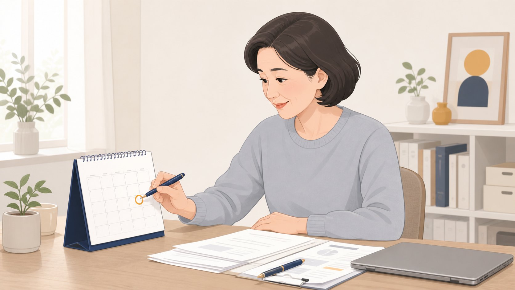 책상 달력에 세금 신고 기한을 표시하며 서류를 정리하는 중년 여성 일러스트