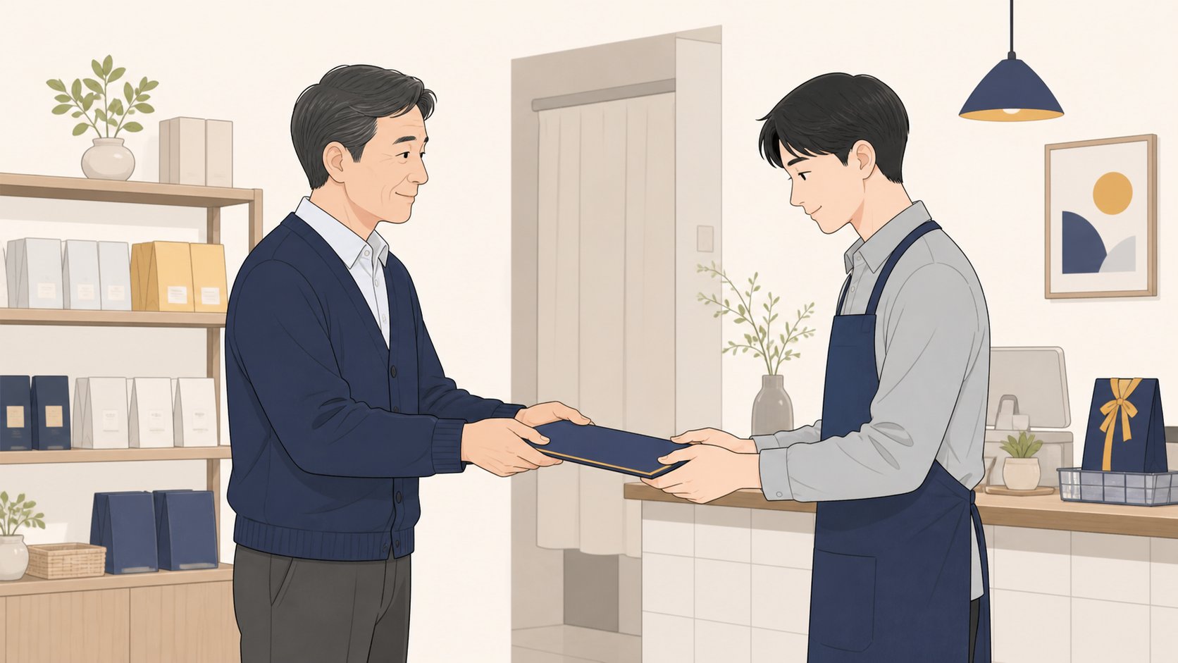 작은 가게 안에서 직원에게 정산 서류를 정중히 건네는 중년 남성 일러스트
