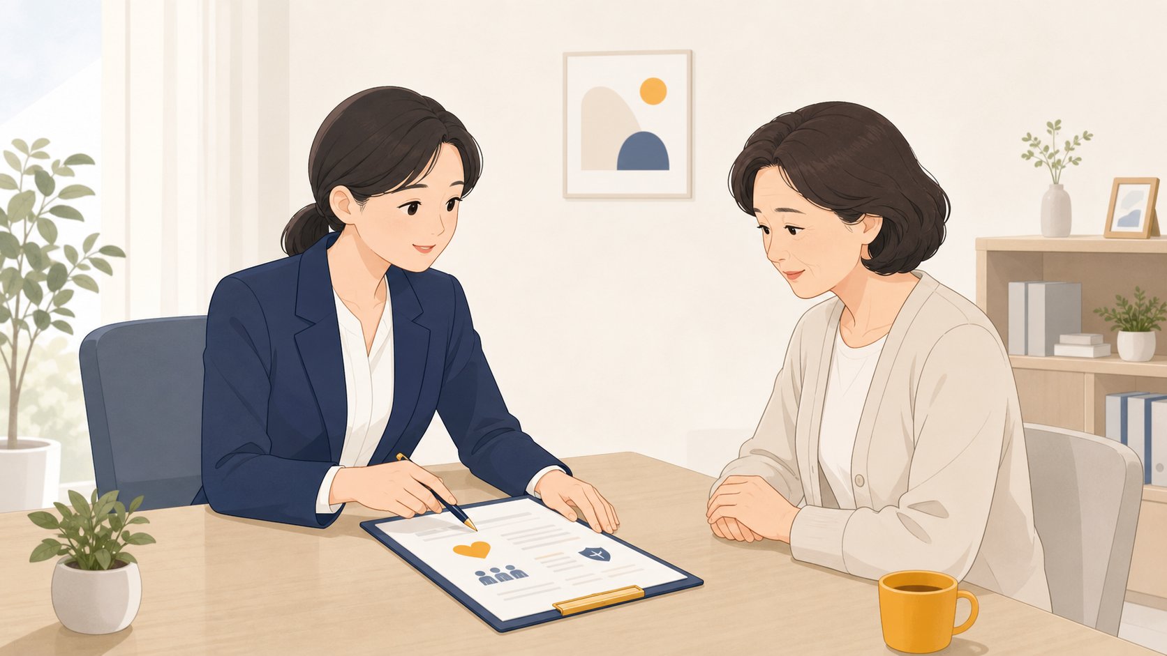 보험사 상담 창구에서 직원이 중년 여성에게 수익자 지정 내용을 설명하는 일러스트