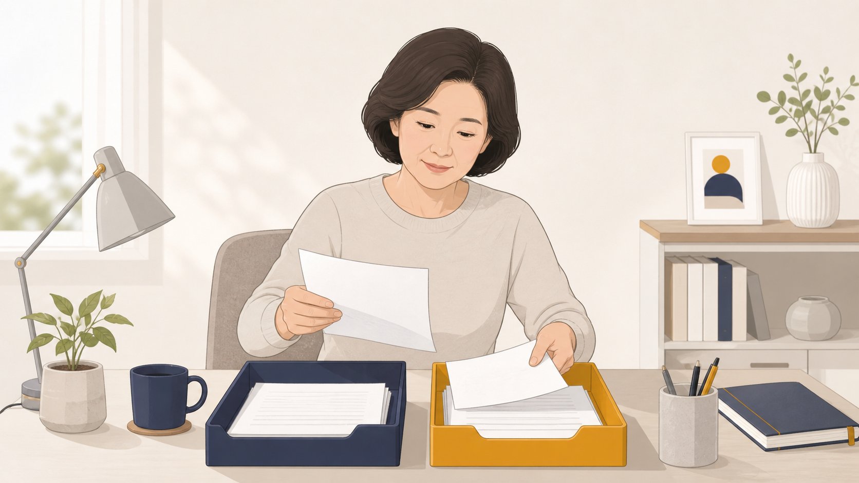 책상에서 서류를 두 개의 트레이로 나누어 정리하는 중년 여성 일러스트