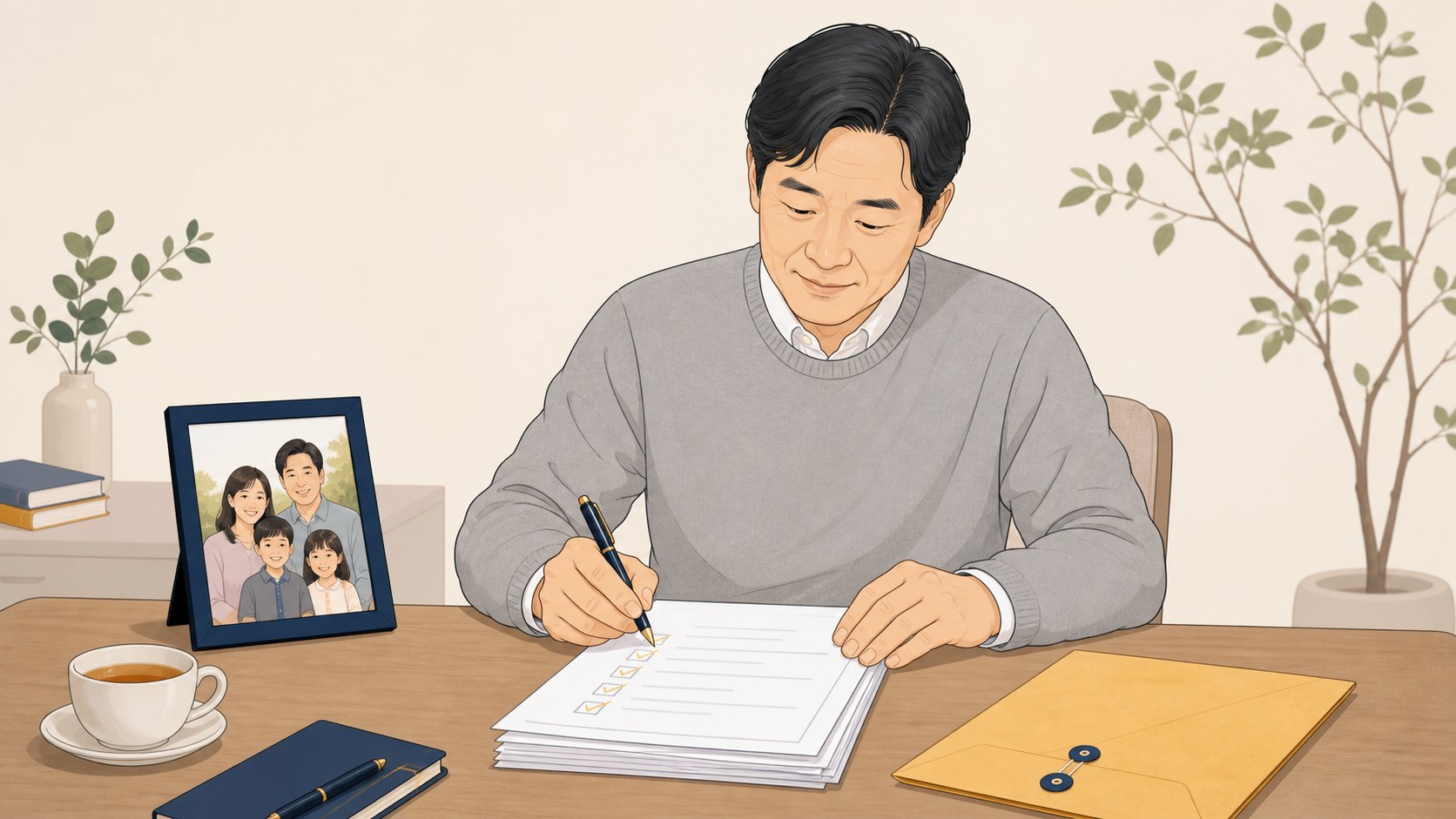 책상에서 보험금 청구 서류를 봉투와 함께 점검하며 준비하는 중년 남성 일러스트
