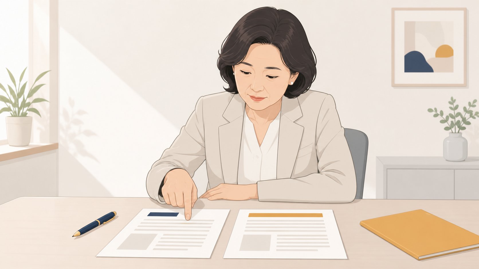 사무실 책상에서 두 장의 회사 서류를 나란히 놓고 한 문단을 손가락으로 짚어 가며 비교하는 중년 여성