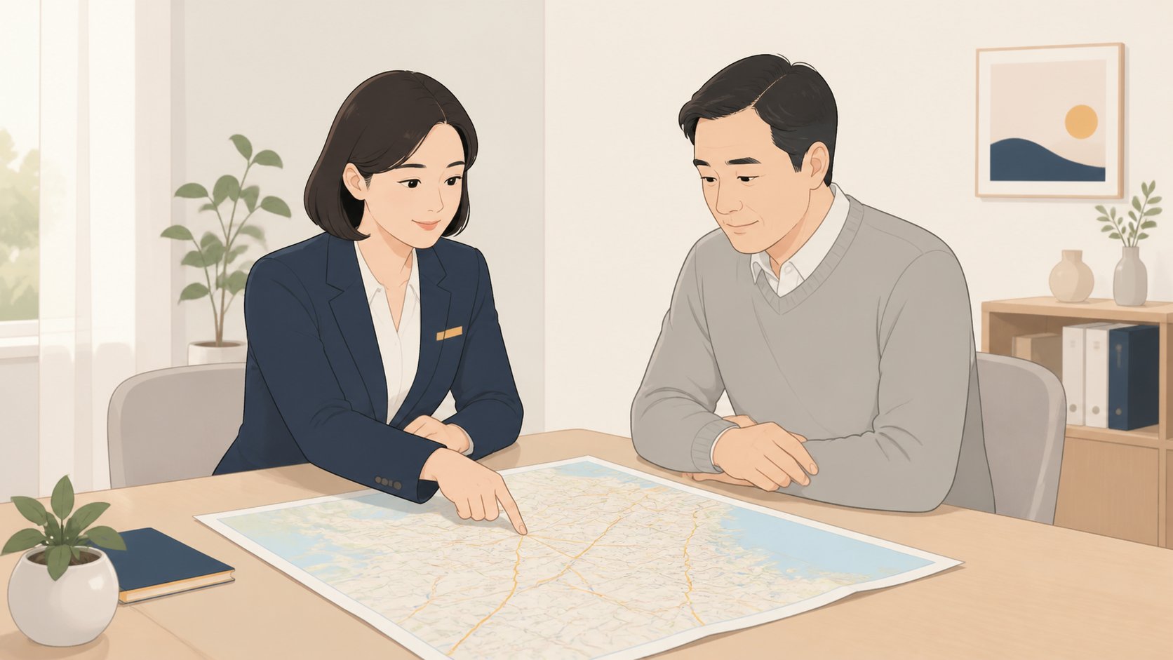 상담실 탁자에 펼친 지역 지도의 한 지점을 가리키며 설명하는 직원과 이야기를 듣는 중년 남성