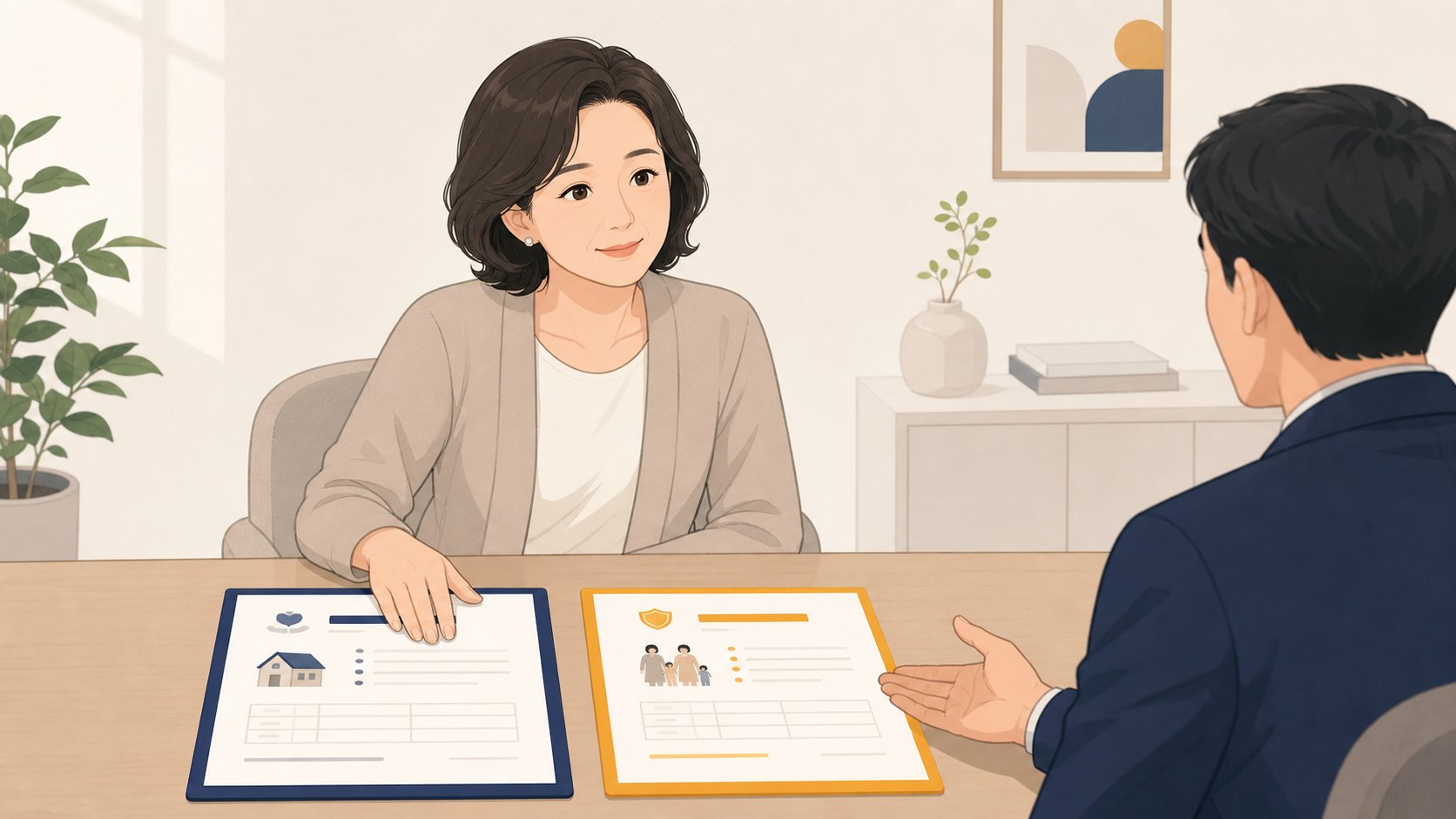상담 테이블에 두 종류의 계약 서류를 나란히 펼쳐 놓고 설명을 듣는 중년 여성