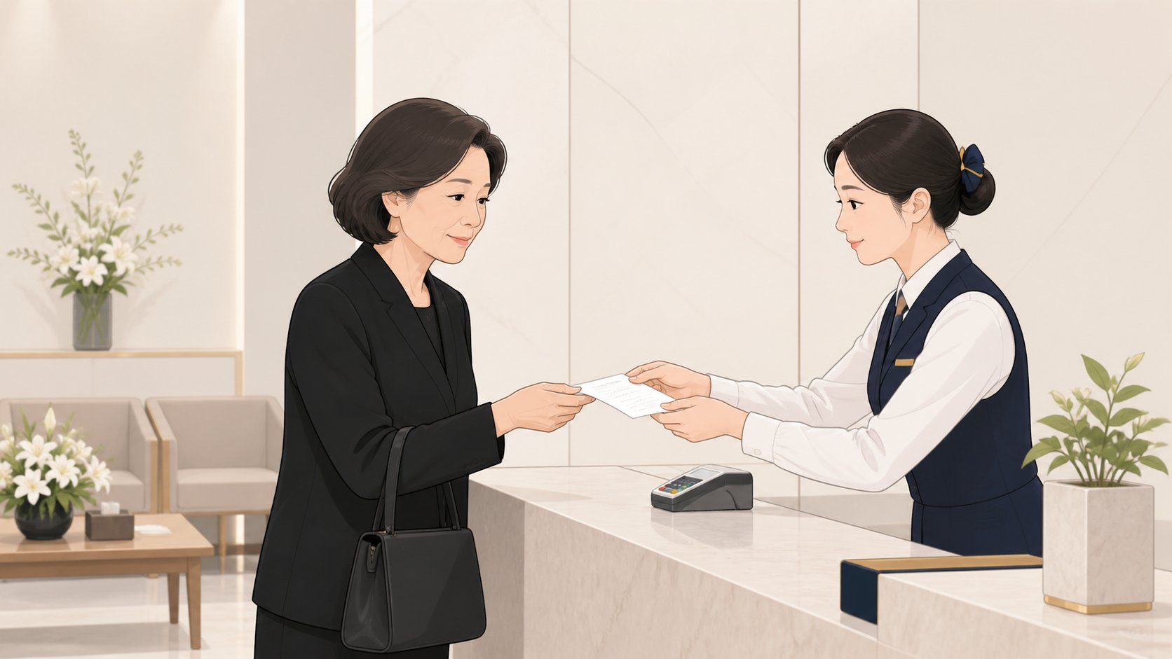 장례식장 정산 창구에서 직원에게 영수증을 건네받는 중년 여성