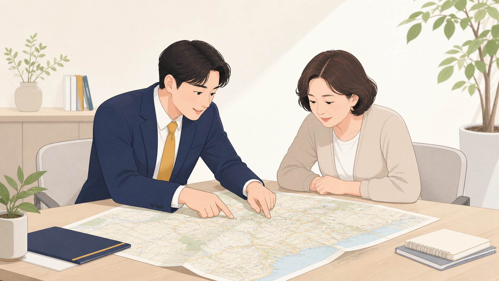 상담 책상에 펼친 지역 지도의 도시 지점을 손으로 짚으며 이야기하는 직원과 중년 여성