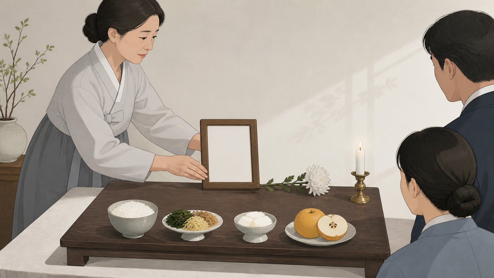 간소하게 차린 명절 상 뒤편에 작은 사진 액자를 조심스럽게 세워 놓는 중년 여성의 손