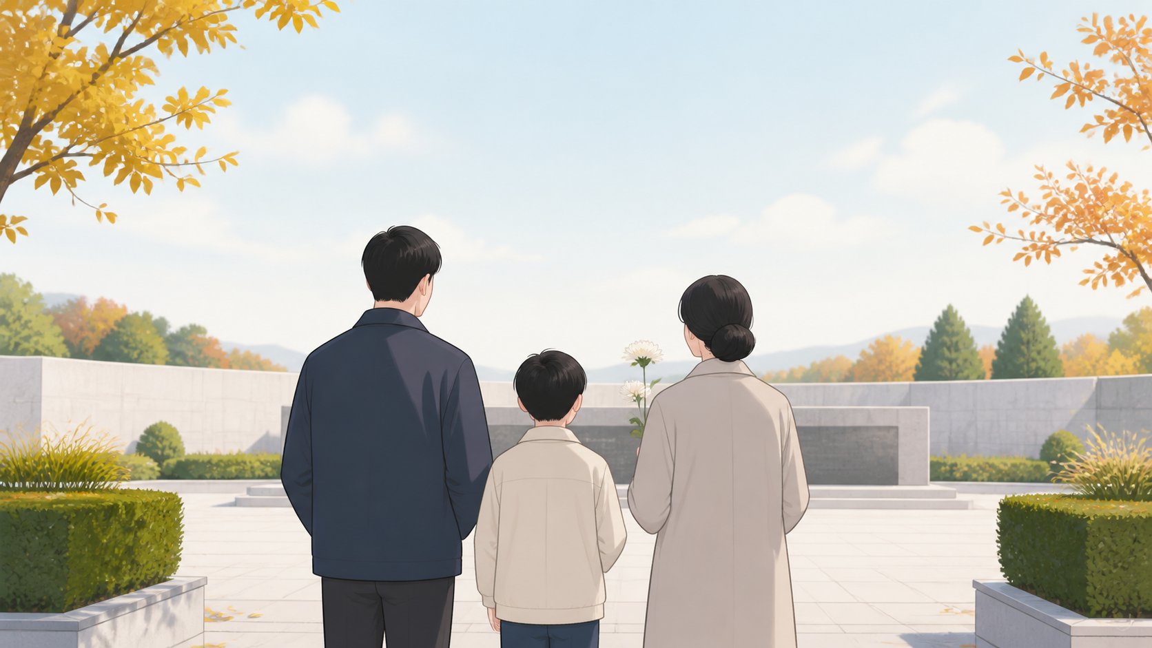 맑은 가을날 봉안당 야외 참배 공간에 국화 한 송이를 들고 나란히 선 세 가족의 뒷모습