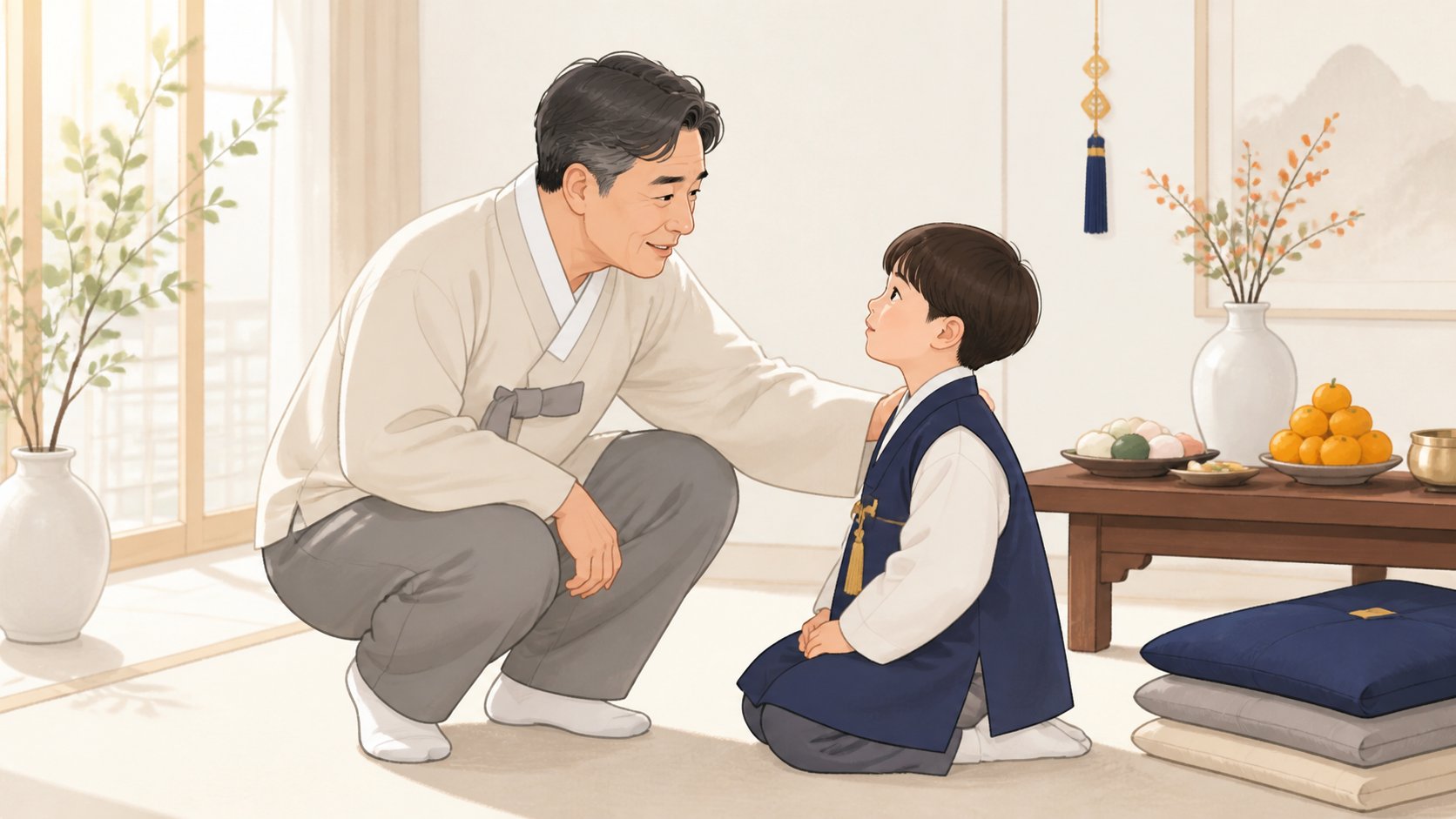 명절 아침 거실에서 손자에게 무릎을 굽혀 눈높이를 맞추고 조곤조곤 이야기하는 중년 남성