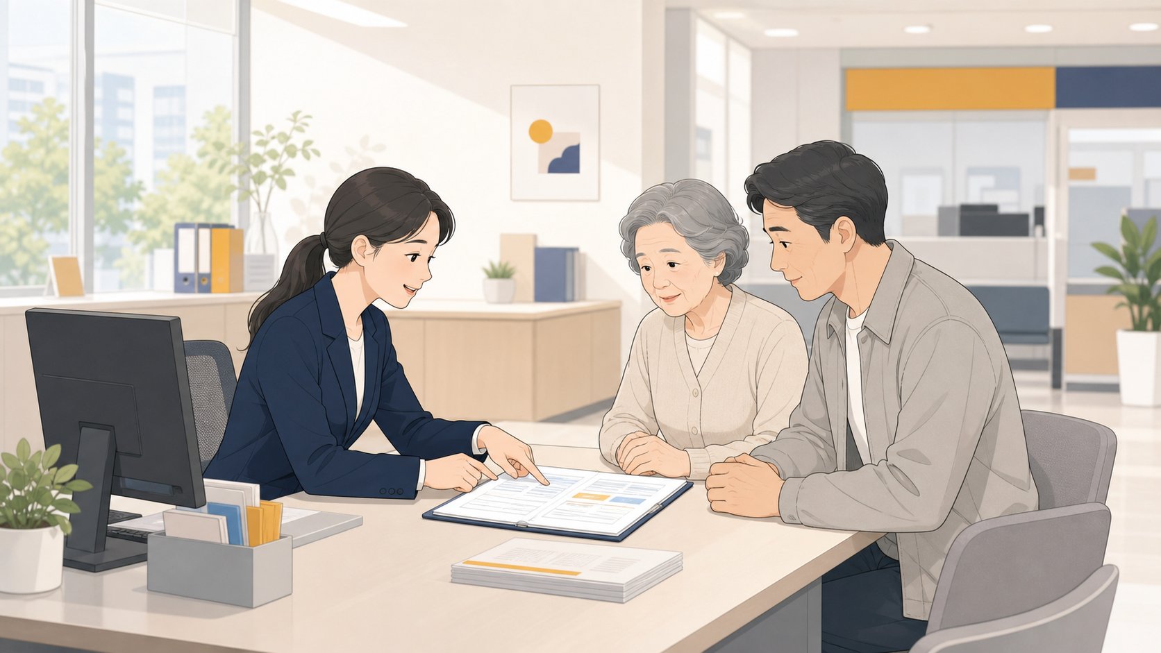 상담 창구에서 직원이 서류를 짚어 설명하고 맞은편에 앉은 노년 여성과 중년 아들이 듣는 장면