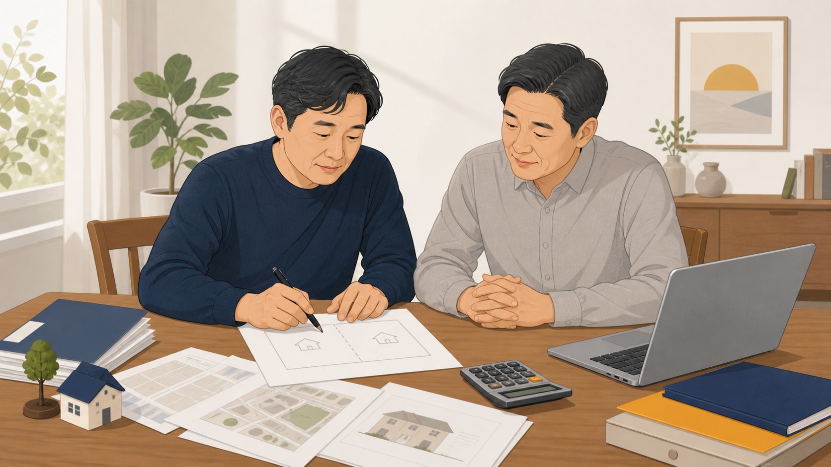 식탁에 노트북과 서류를 펼쳐 놓고 상속 지분을 종이에 그려 가며 의논하는 중년 형제 두 사람