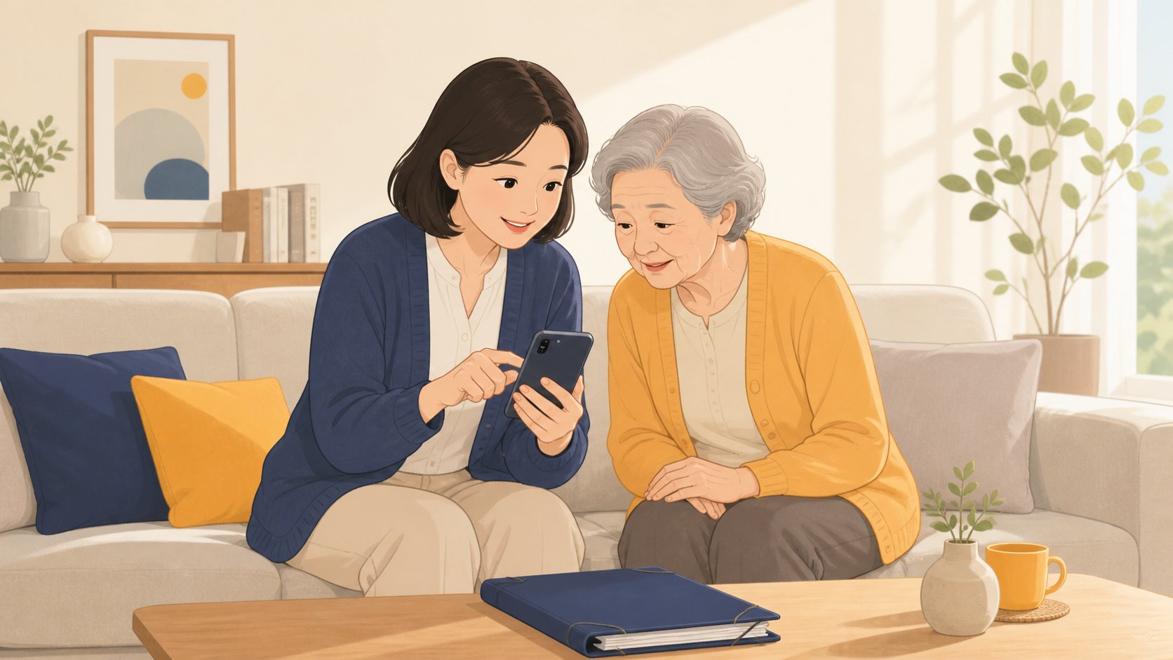 거실 소파에서 스마트폰 화면을 보여 주며 옆에 앉은 노년 어머니에게 설명하는 30대 딸