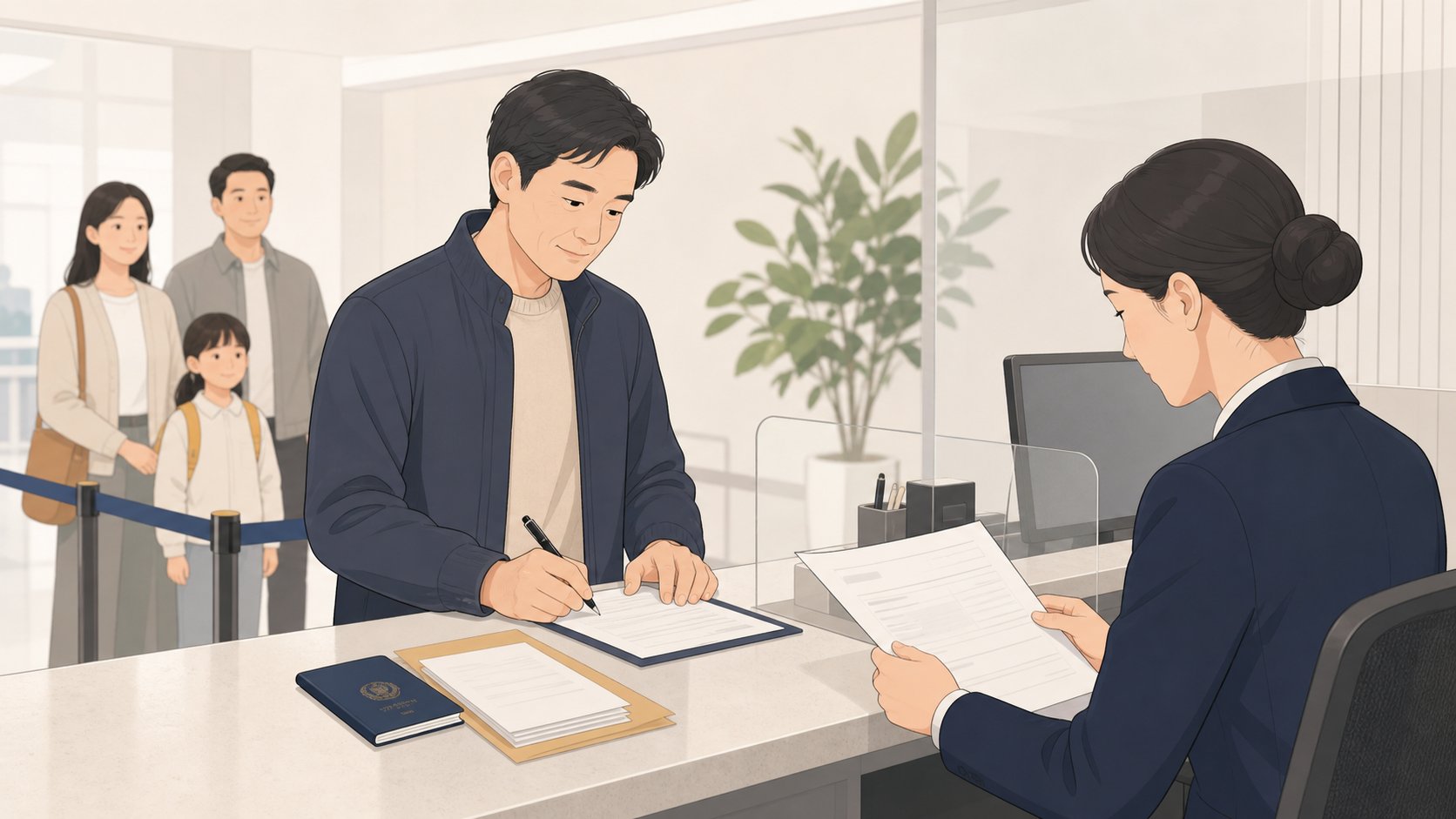 대사관 민원 창구에서 여권과 서류를 올려놓고 서명하는 40대 남성과 맞은편 직원
