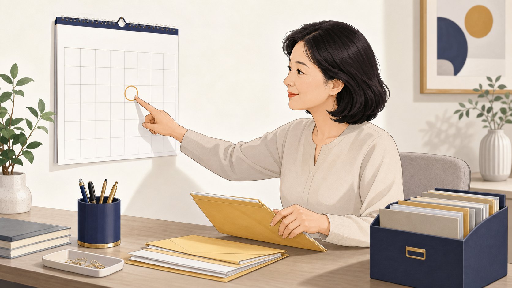 책상에서 벽걸이 달력의 표시된 날짜를 손가락으로 짚으며 서류 봉투를 정리하는 중년 여성