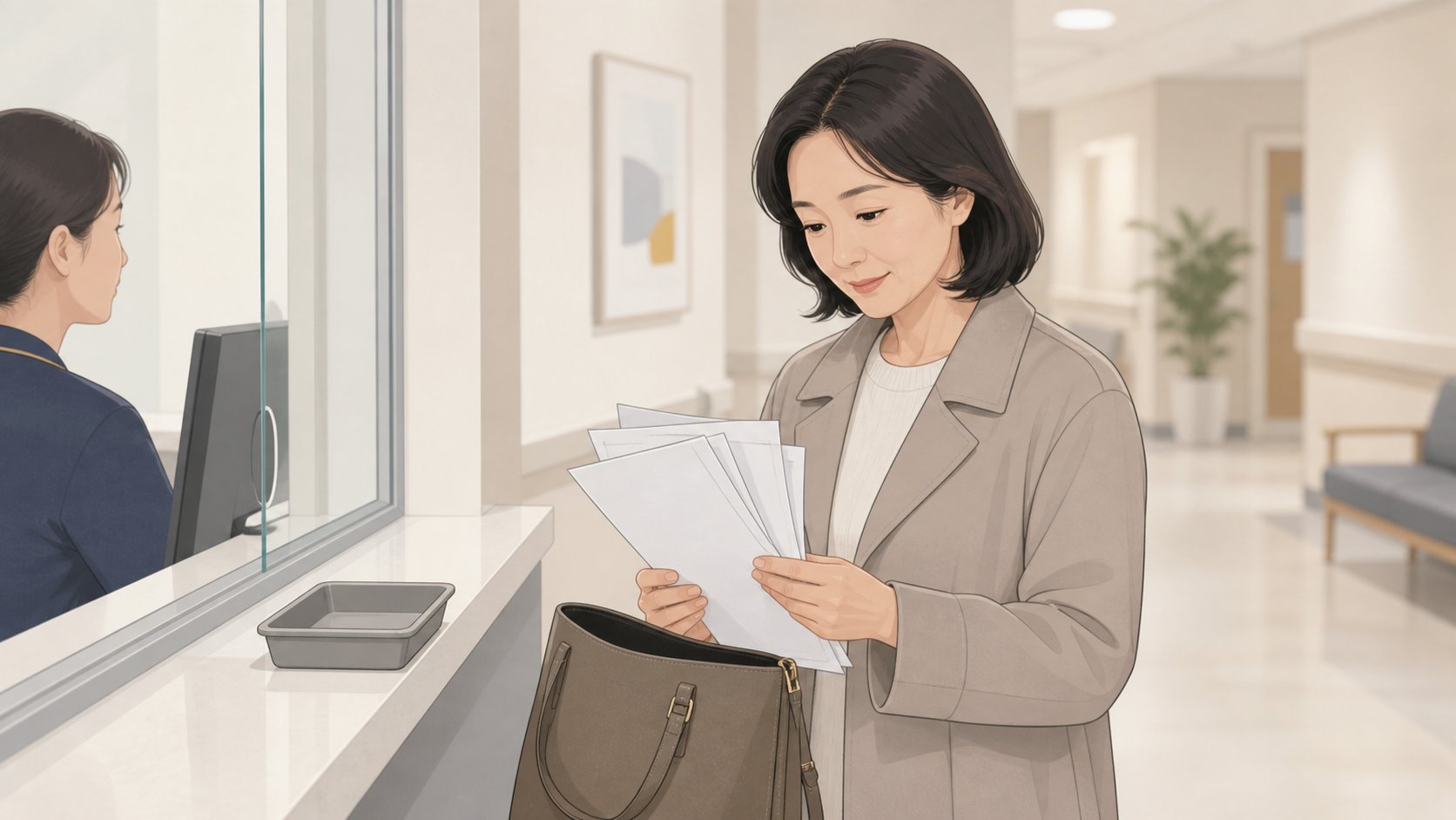 병원 서류 창구에서 발급받은 증명서를 세어 보며 가방에 넣는 40대 여성