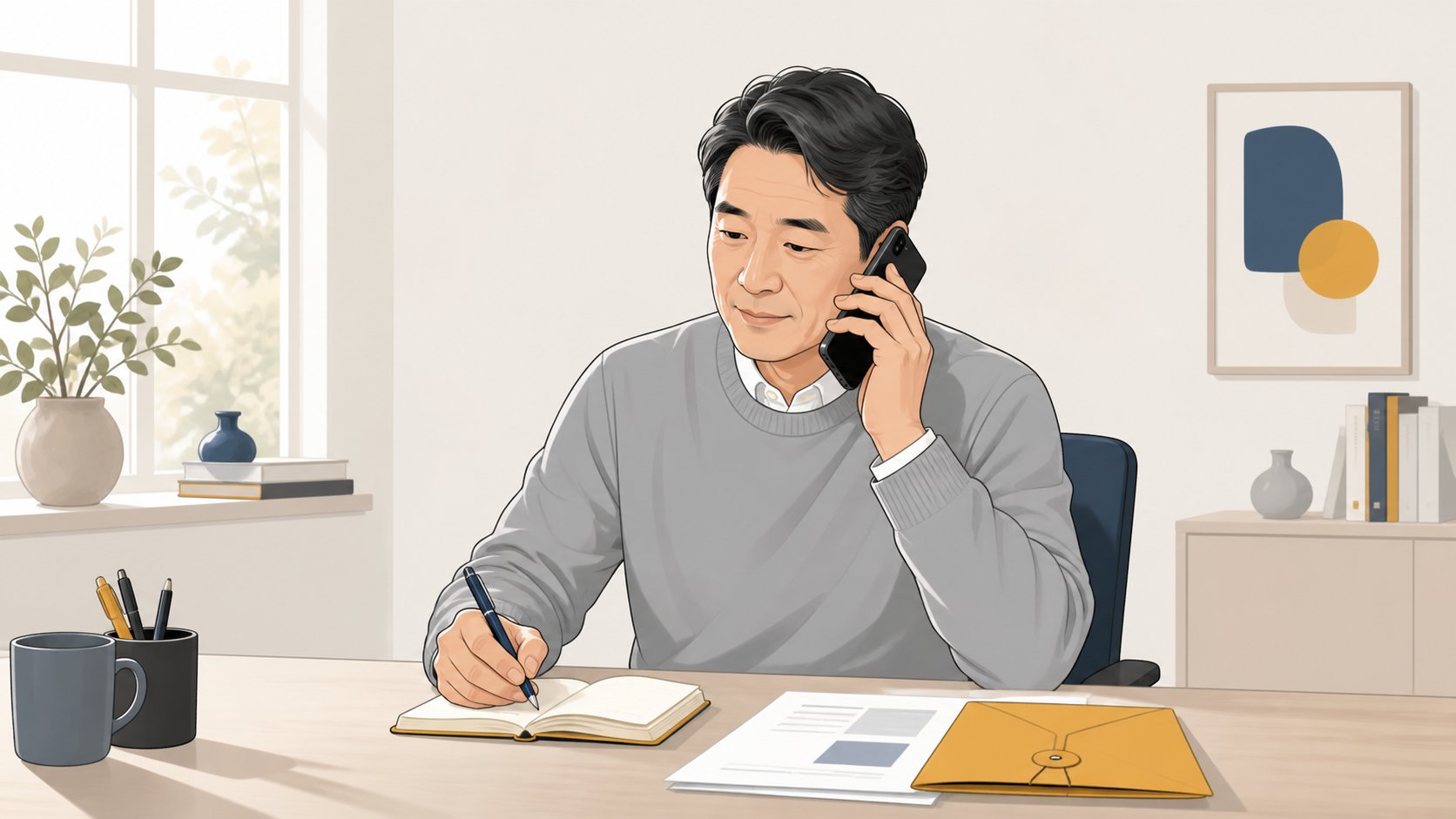 책상에 서류 봉투와 수첩을 두고 통화하며 상담 내용을 메모하는 중년 남성