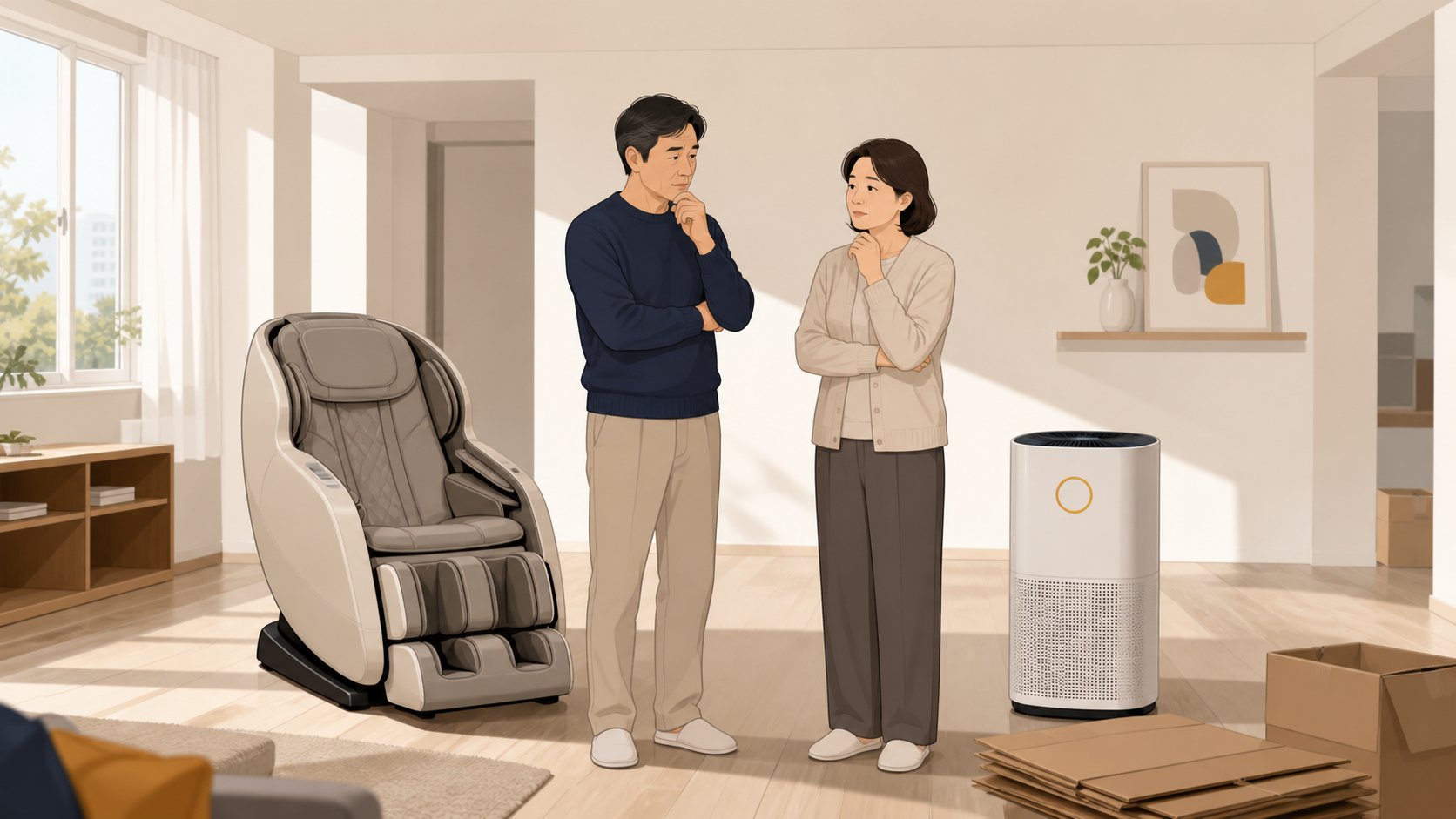 정리 중인 거실에서 안마의자와 공기청정기를 앞에 두고 남길 것과 반납할 것을 상의하는 중년 남매