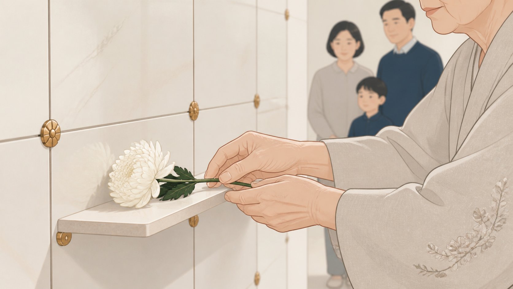 봉안당 안치단 앞 선반에 흰 국화 한 송이를 조심스럽게 놓는 노년 여성의 손