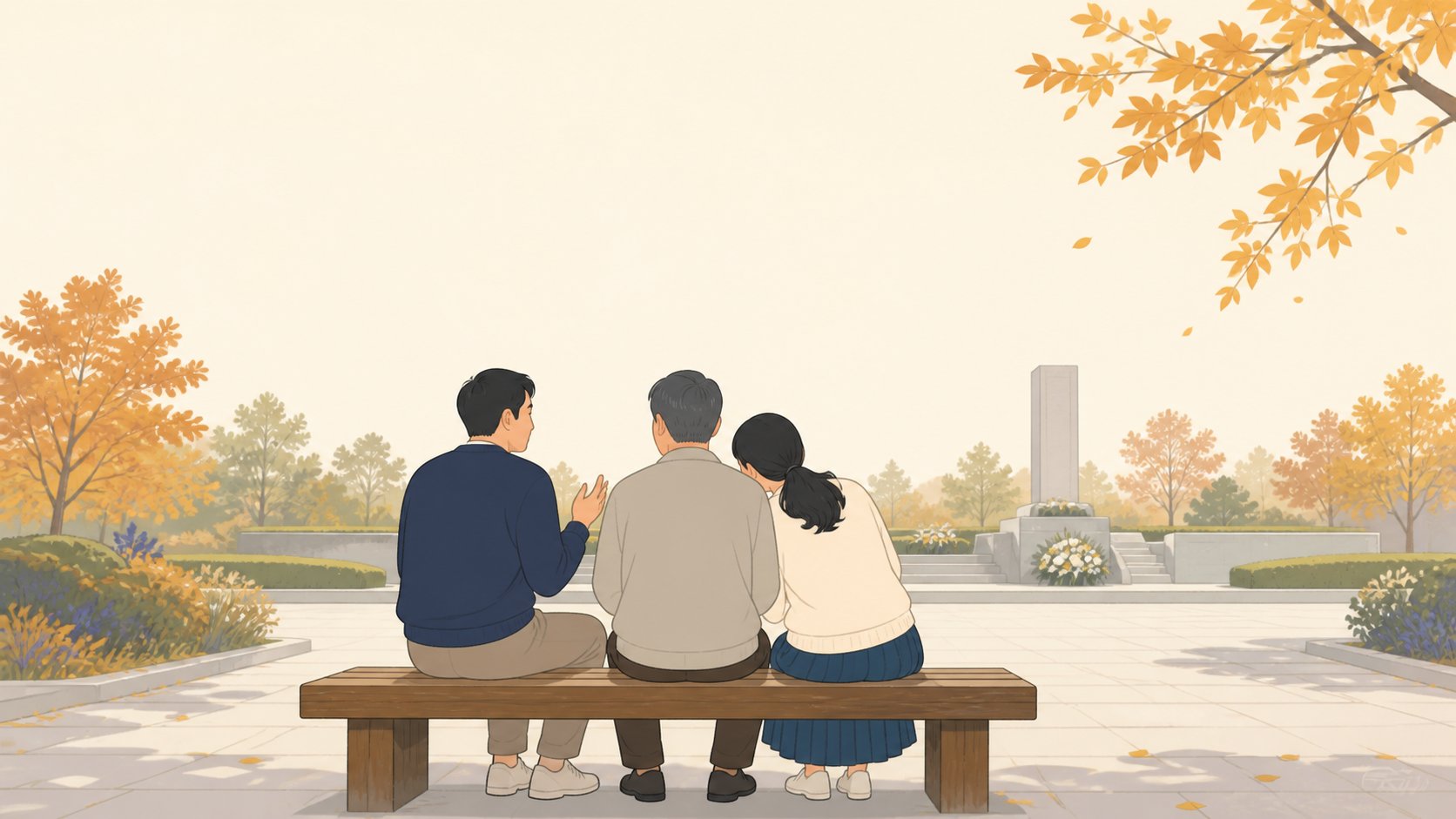 추모공원 야외 휴게 공간 벤치에 나란히 앉아 이야기를 나누는 가족 세 사람의 뒷모습