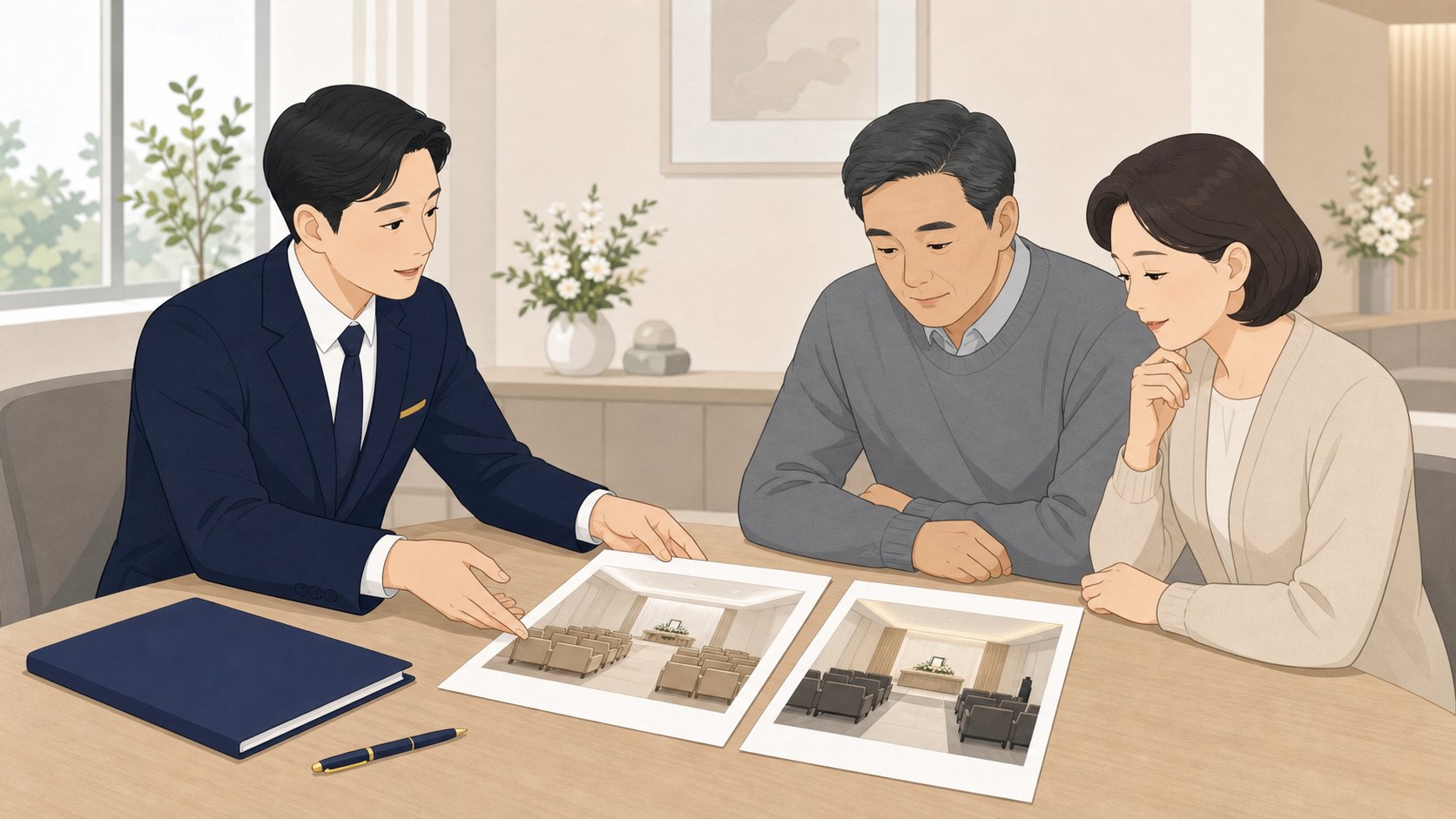 장례식장 상담 테이블에서 장례지도사가 빈소 안내 자료 두 장을 나란히 놓고 설명하는 모습