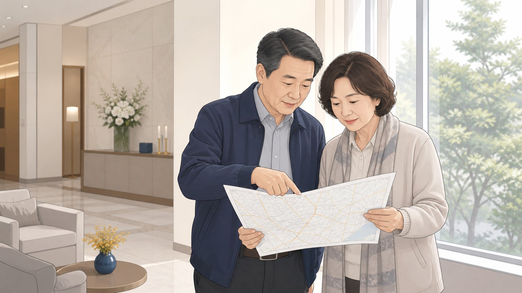 장례식장 로비 창가에서 지도를 펼쳐 들고 발인 동선을 상의하는 중년 부부