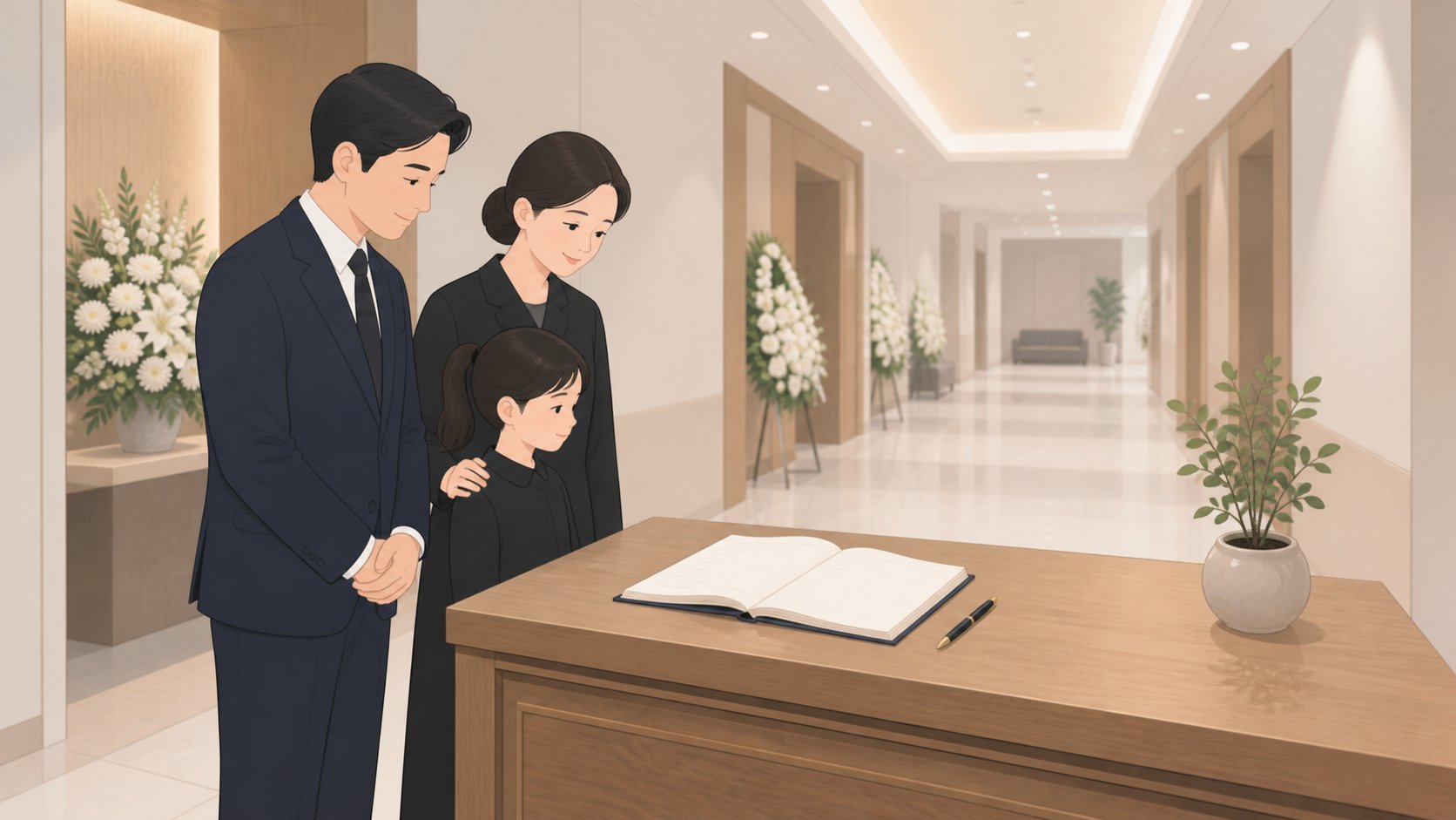 장례식장 입구 안내 테이블에 부의금 접수함 없이 방명록과 펜만 단정하게 놓여 있는 모습