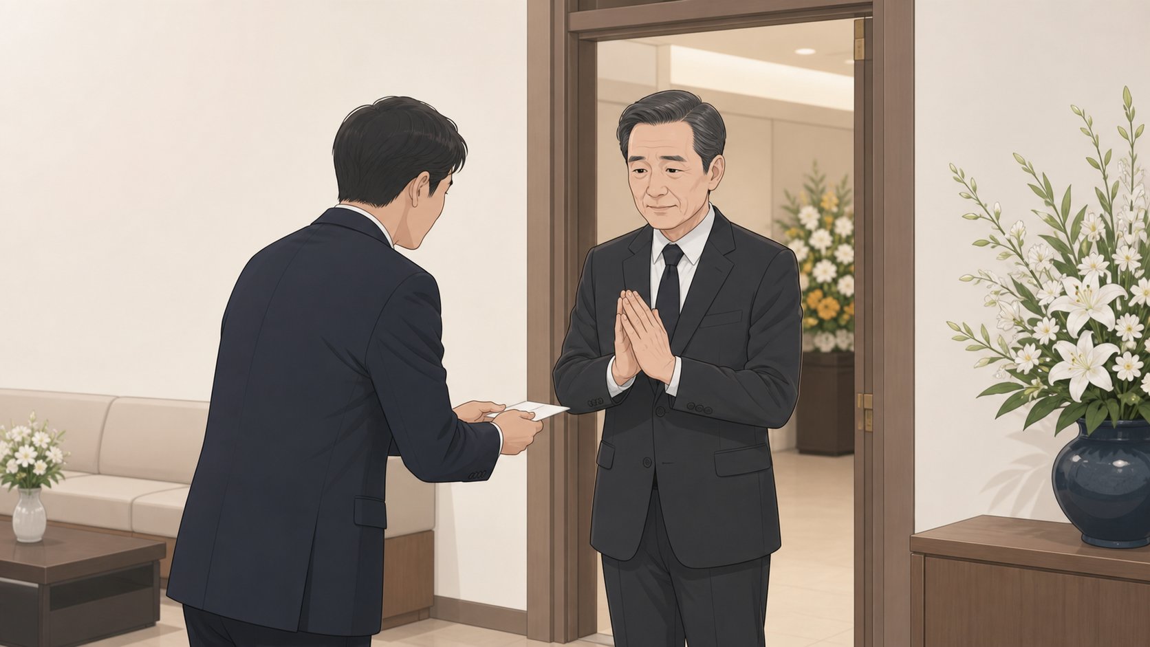 빈소 접객실 입구에서 상주가 두 손을 모아 봉투를 건네는 조문객에게 정중히 사양의 뜻을 전하는 모습