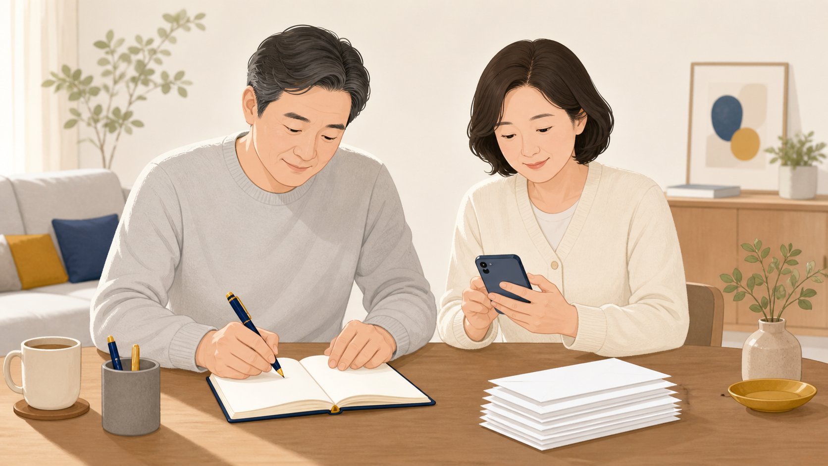 거실 테이블에서 수첩에 이름을 적고 휴대폰을 확인하며 답례 대상을 정리하는 중년 부부의 손