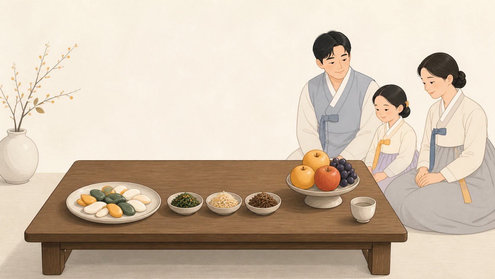송편과 나물 세 가지, 과일과 술잔만 놓인 소박한 차례상 곁에 한복 차림 가족이 앉아 있는 모습