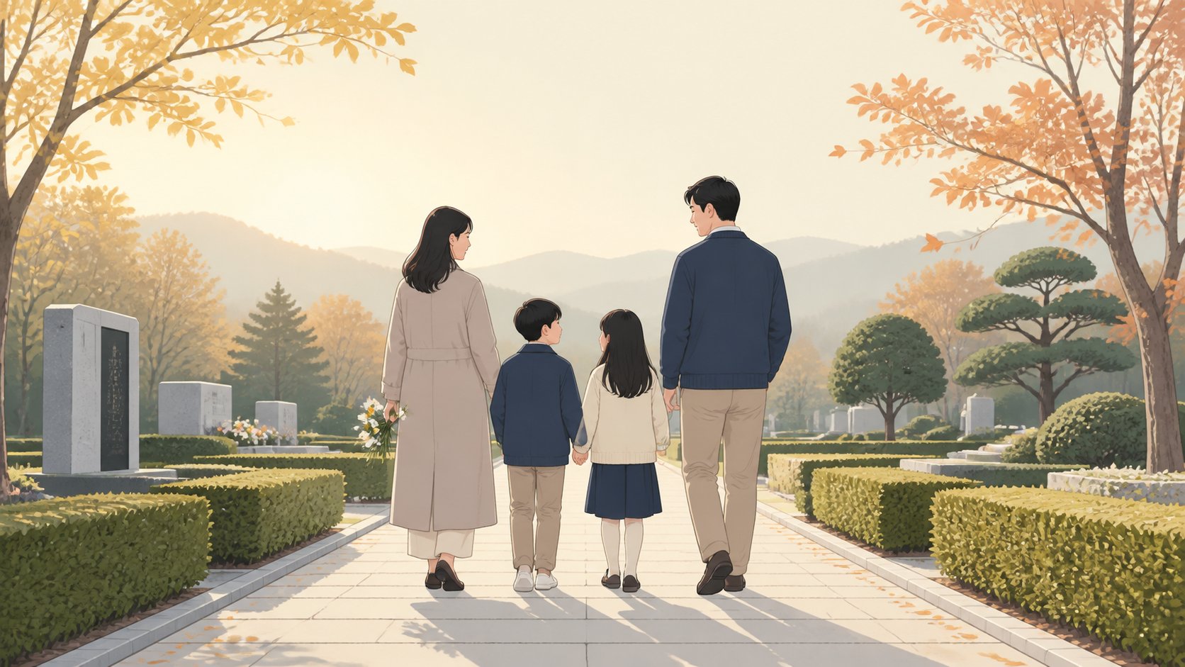 가을 아침 추모공원 길을 나란히 걸어 들어가는 가족 네 사람의 뒷모습
