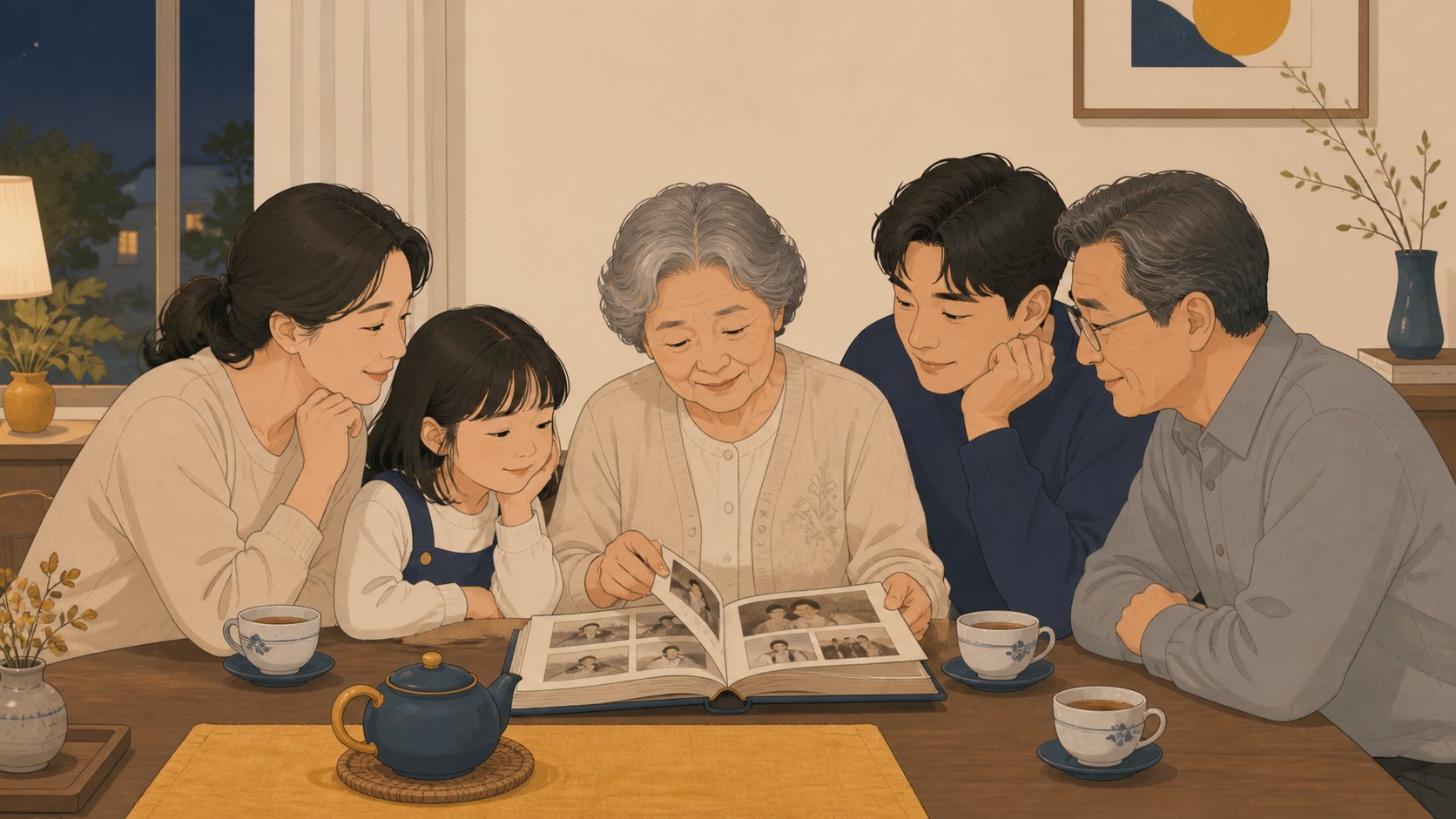 저녁 식탁에 둘러앉아 오래된 가족 사진첩을 함께 넘겨보며 미소 짓는 삼대 가족