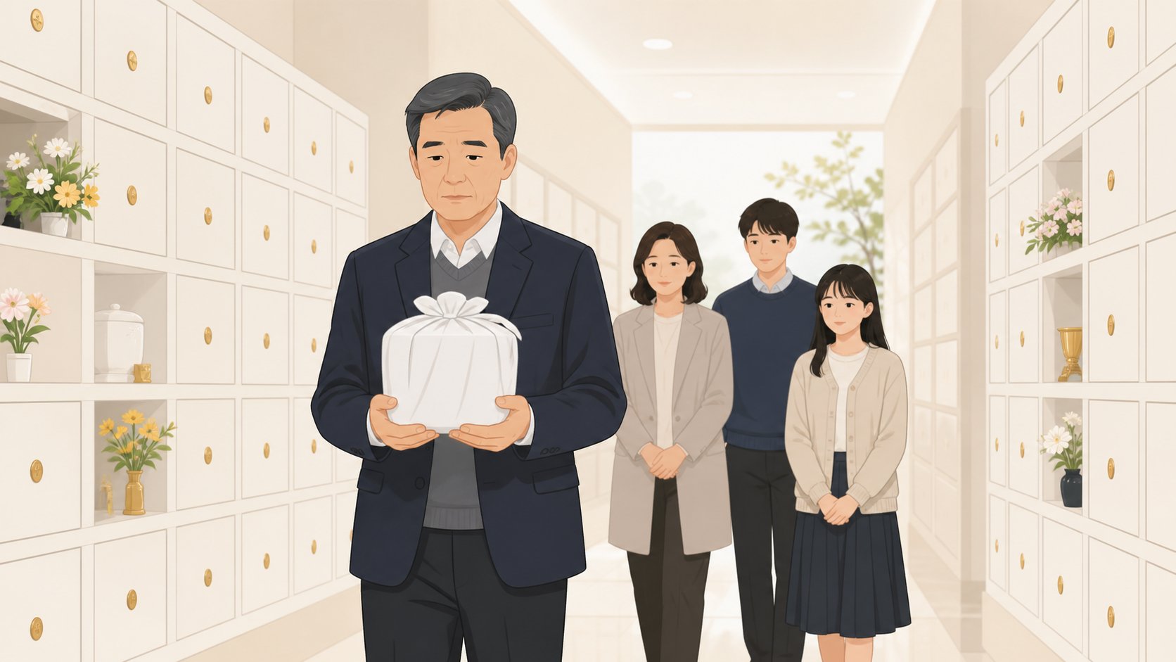 봉안당 실내 통로에서 흰 보자기에 싸인 유골함을 두 손으로 받쳐 들고 걷는 중년 남성의 모습