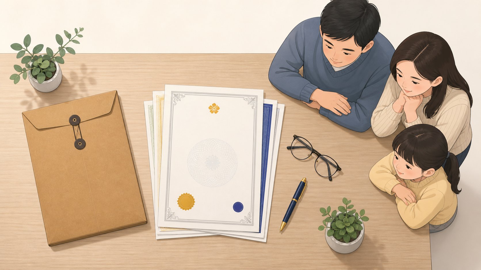 책상 위에 서류 봉투와 증명서 몇 장, 안경과 볼펜이 가지런히 놓여 있는 모습