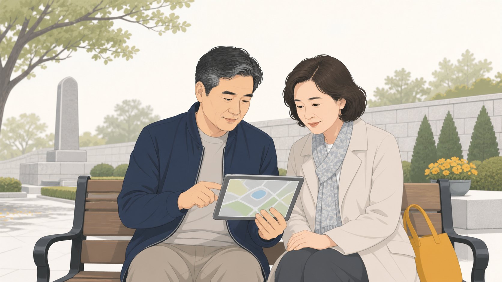 추모공원 야외 벤치에 나란히 앉아 태블릿 지도를 함께 보며 상의하는 중년 남매의 모습