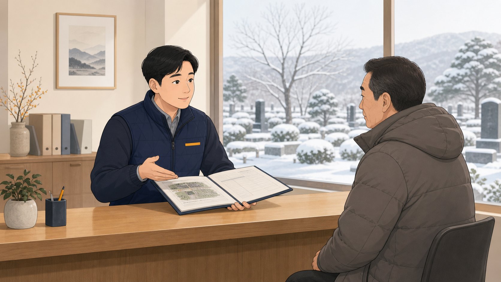 눈 덮인 공원묘지가 보이는 관리사무소 창구에서 직원에게 겨울 작업 가능 여부를 묻는 유족