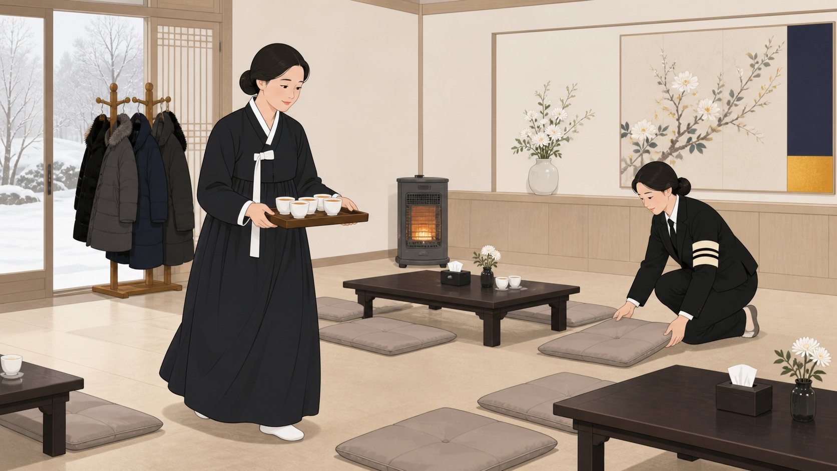 겨울 빈소 접객실에서 따뜻한 차를 나르고 방석을 정돈하는 상주 가족과 입구 옷걸이에 걸린 두꺼운 외투