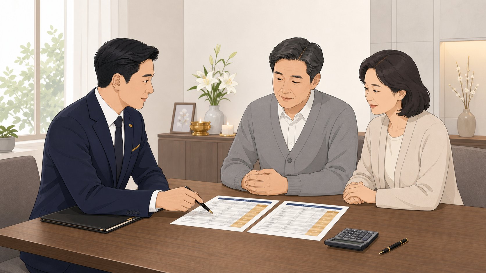 장례식장 상담실 테이블에 항목별 견적서 두 장을 나란히 놓고 장례지도사가 한 줄을 짚어 설명하는 모습