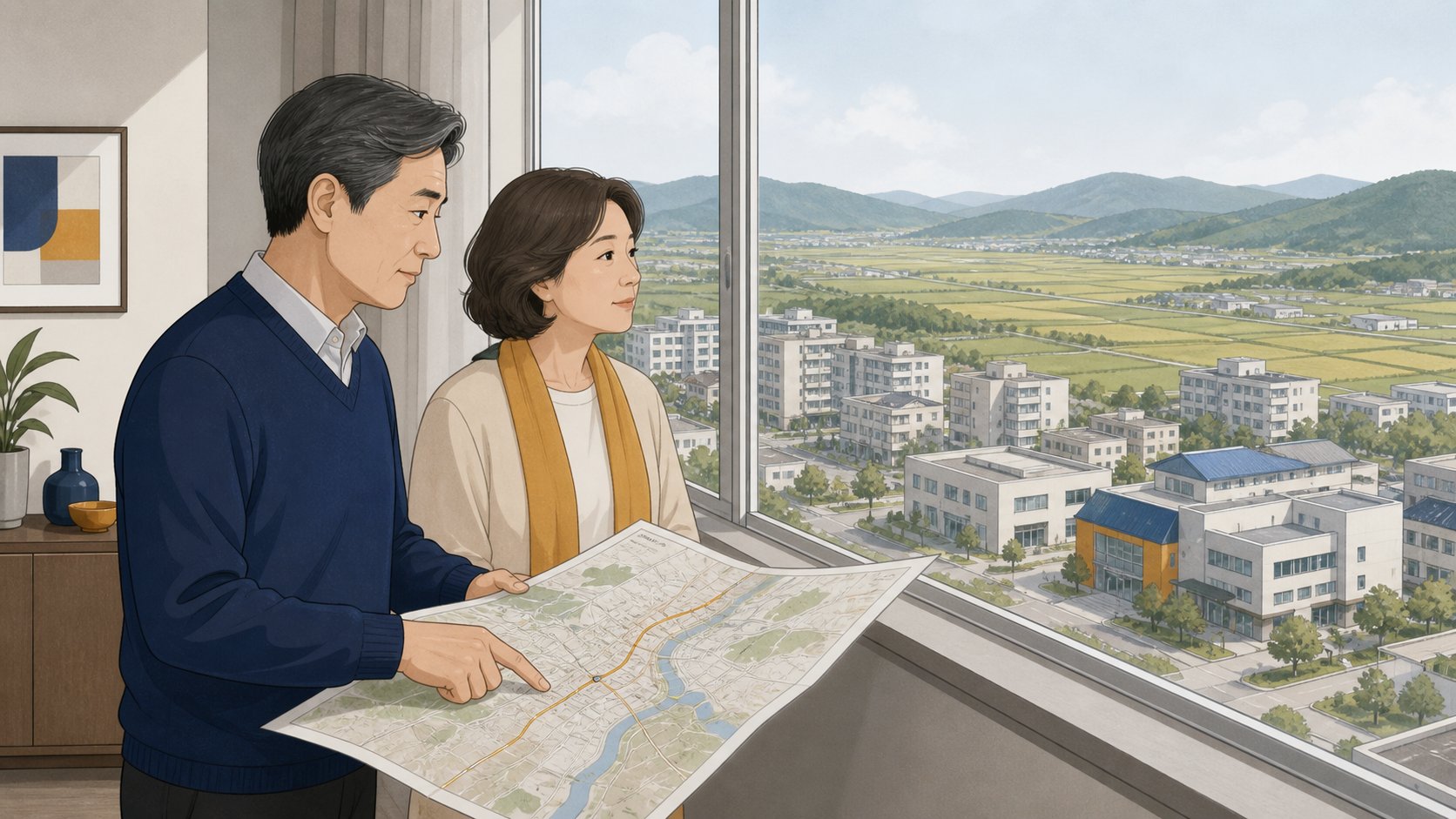 논밭과 낮은 산에 둘러싸인 신도시 시가지가 내려다보이는 창가에서 지도를 펼쳐 이동 거리를 살피는 중년 부부