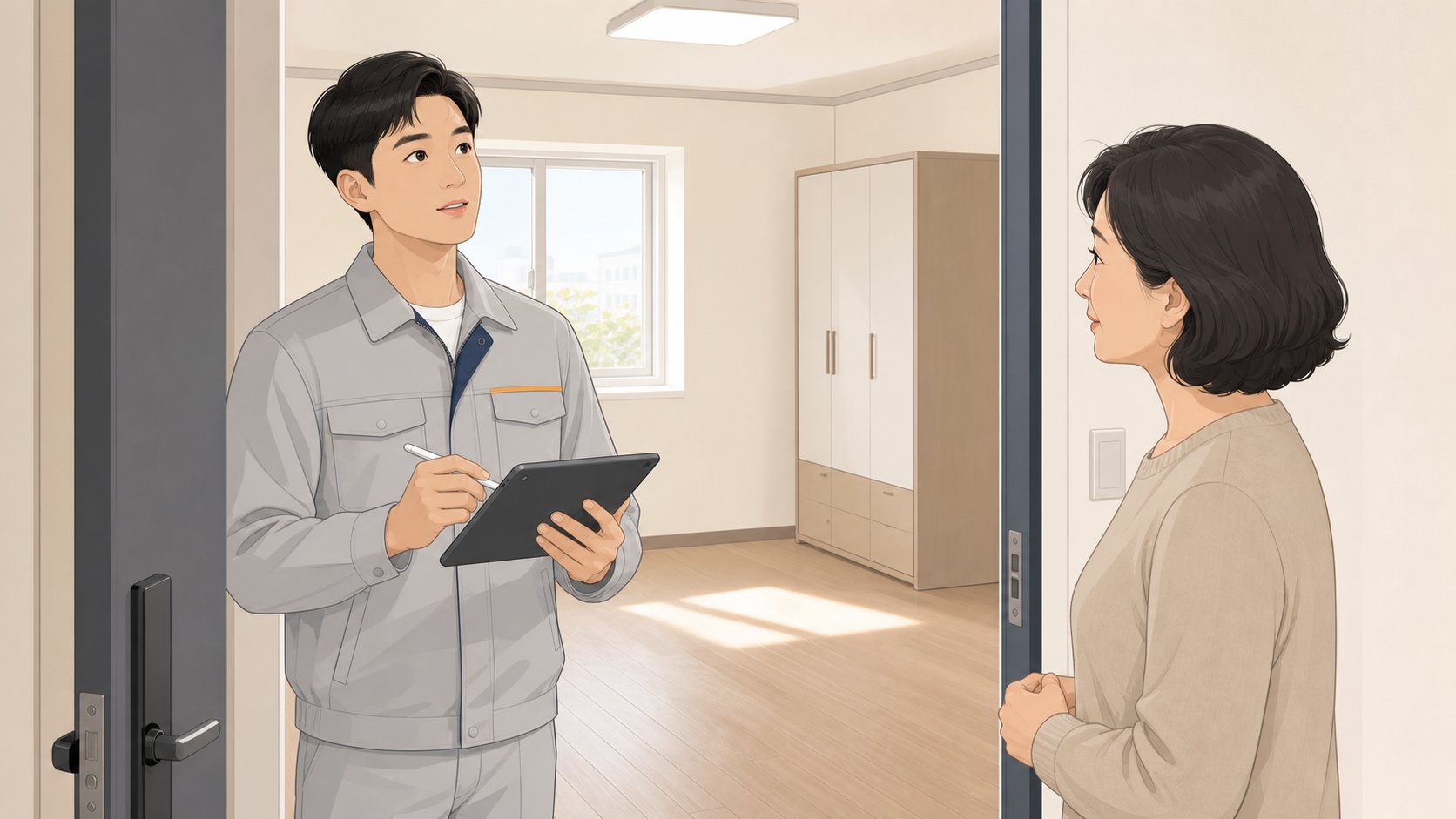 빈 원룸 안에서 작업자가 태블릿에 항목을 적으며 방문 견적을 진행하고 문 앞에서 유족이 설명을 듣는 모습